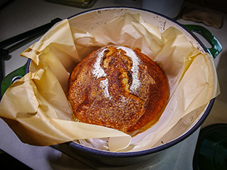 Loaves bake perfectly in a preheated Dutch oven Loaves bake perfectly in a preheated Dutch oven
